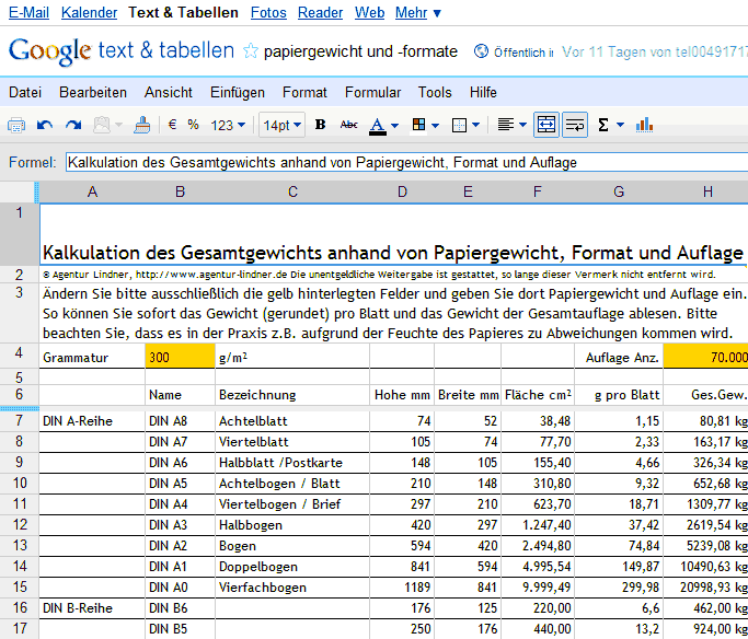 Papiergewicht Berechnen Übersichts-Tabelle – LONCFD