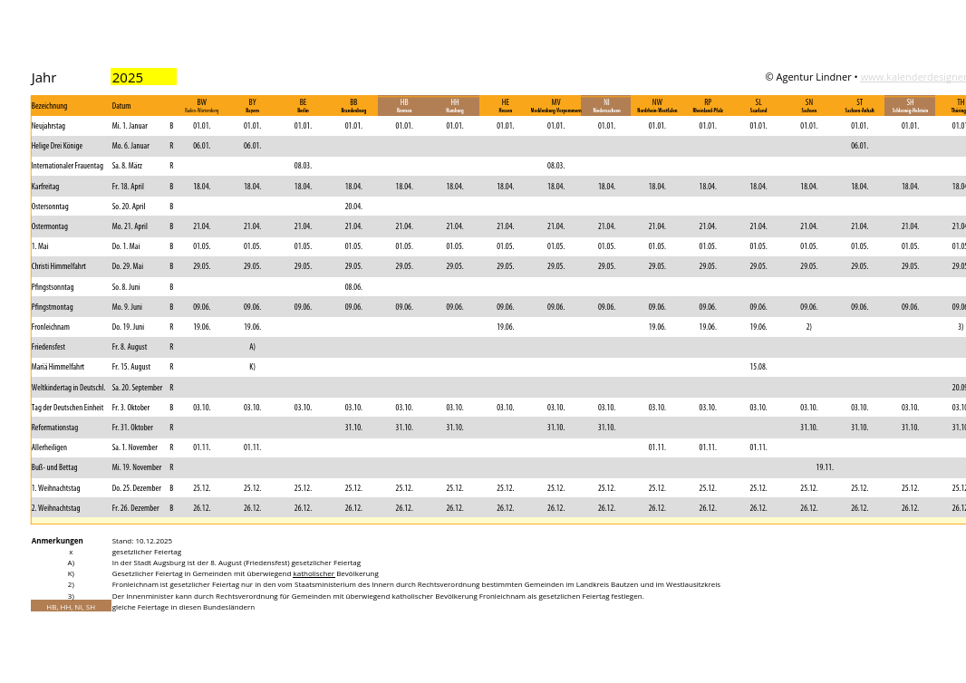 Vorschau Feiertage 2025